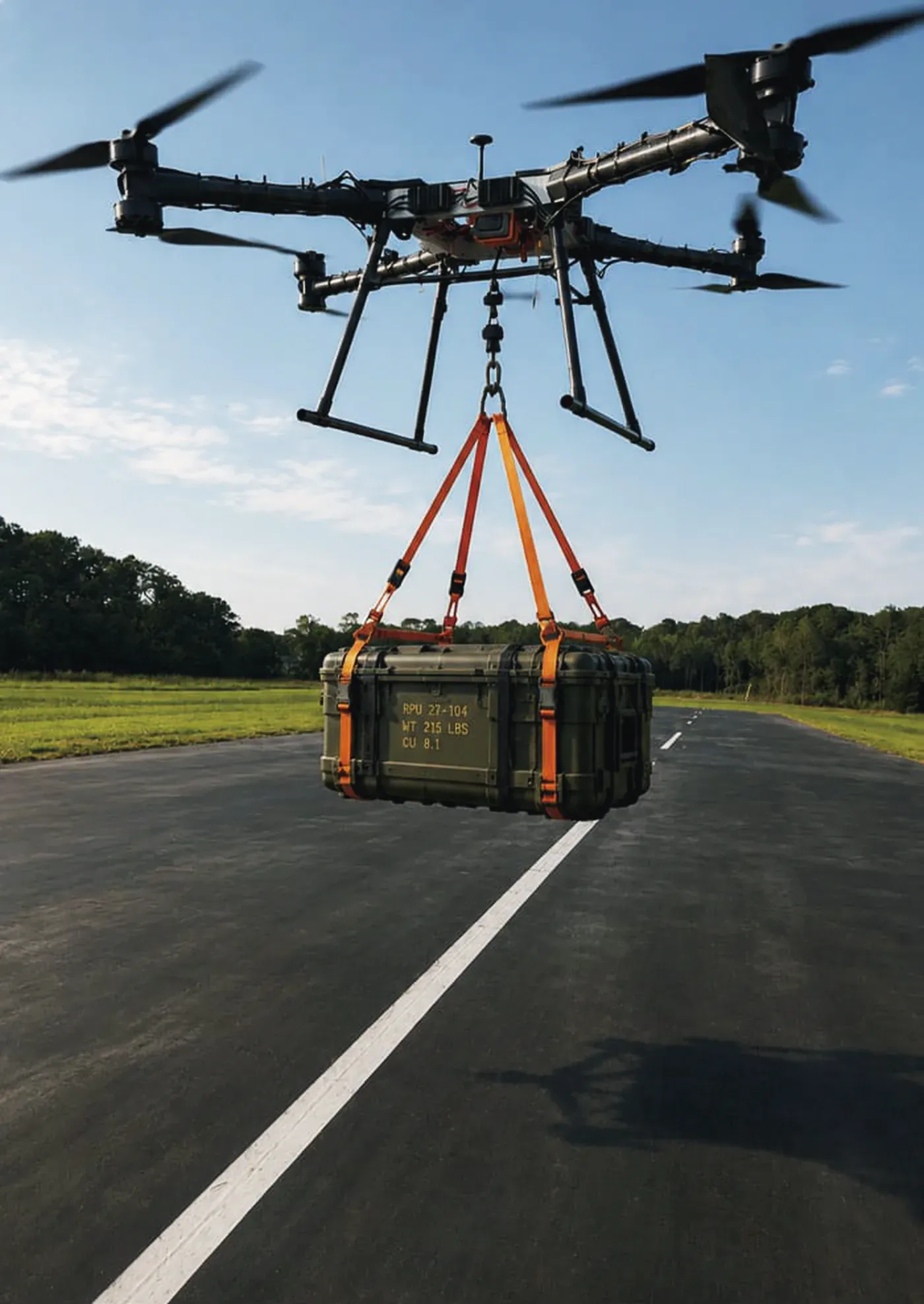 The MW-V1 in flight down a runway, carrying a hard case slung beneath it on orange straps.